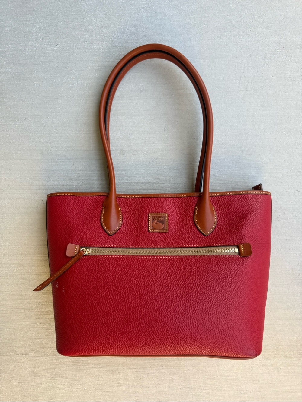 Dooney & Bourke Red Pebble Leather Tote with Brown Handles